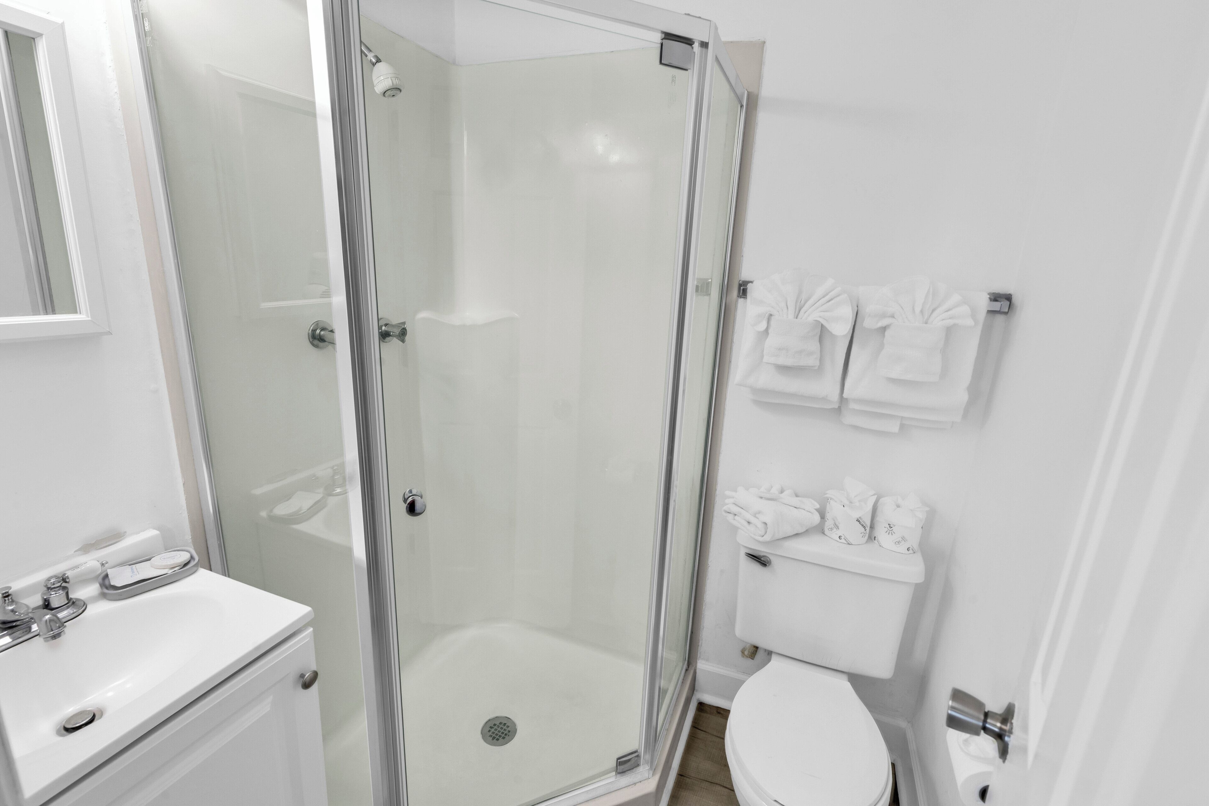 Un bagno con doccia vetrata, lavandino bianco e water.