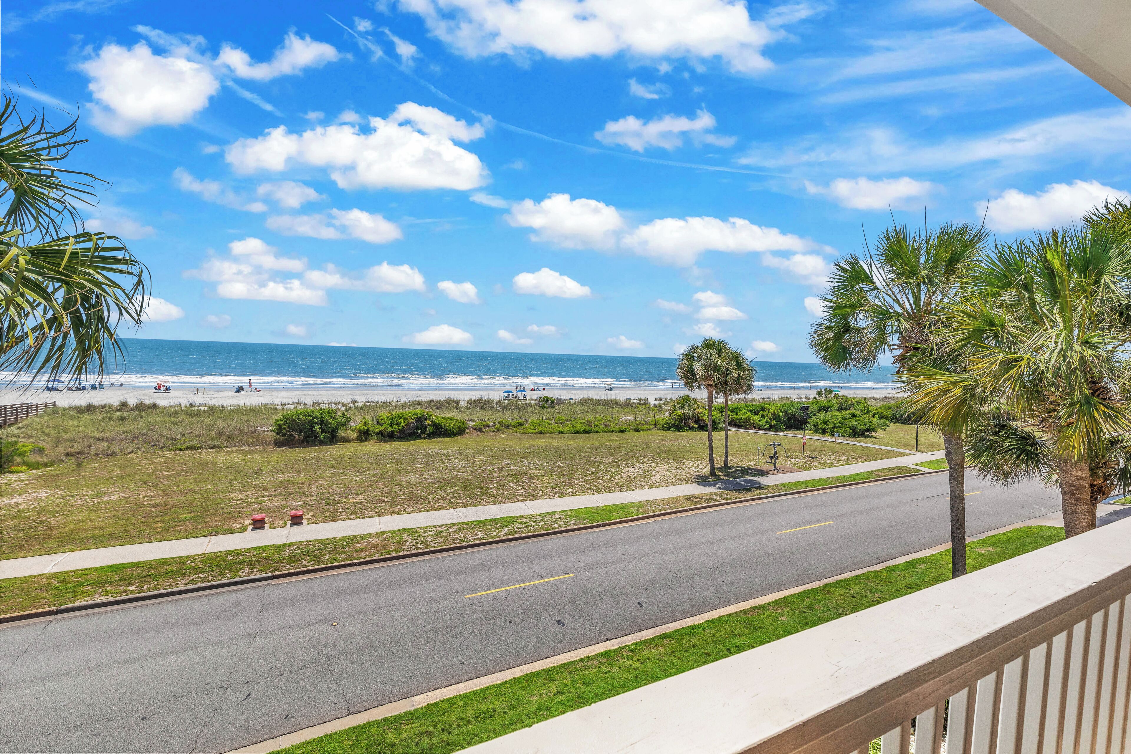 A road leading to a beach with palm trees and a clear sky.