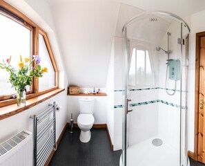 Douche, séchoir à cheveux, serviettes fournies, savon
