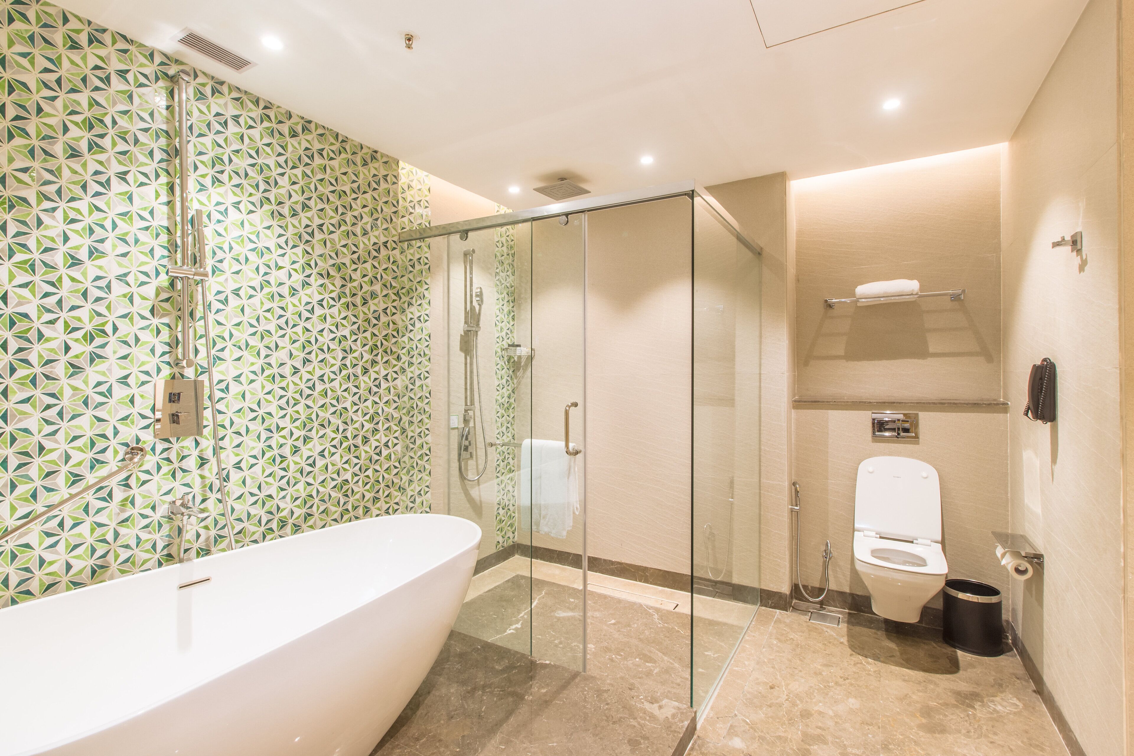 A modern bathroom with a glass-enclosed shower, a freestanding bathtub, and a toilet.