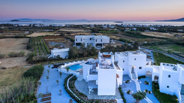 A modern white villa with a swimming pool, surrounded by landscaped gardens and a view of the sea.