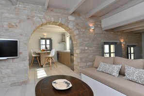 Flat-screen TV, fireplace, DVD player