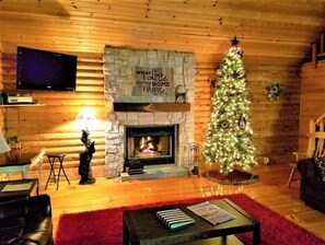 Smart TV, fireplace, books