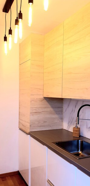 Apartamento ejecutivo | Cocina privada | Frigorífico grande, microondas, horno y placa de cocina