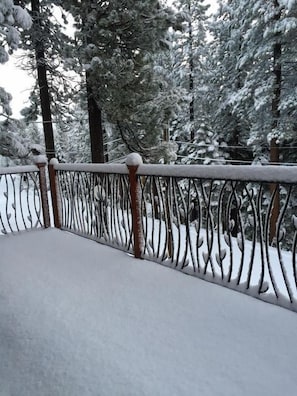 Een sneeuwbedekt balkon met een metalen hekwerk en sneeuwbezwaarde bomen op de achtergrond.