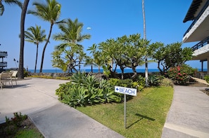 Guests can enjoy a scenic view of the ocean from this outdoor area, surrounded by lush tropical plants and palm trees.