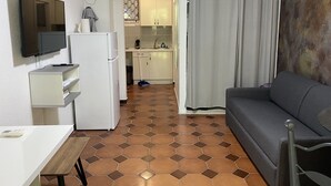 Un espacio habitable compacto con kitchenette, comedor y zona de estar.