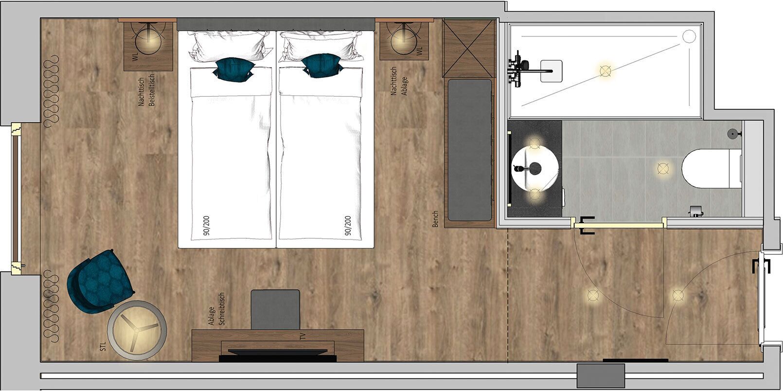 Distribución de una habitación de hotel con cama, televisor, zona de estar y baño.