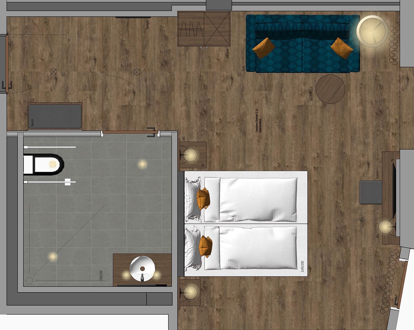 Ein Hotelzimmer mit Bett, kleinem Schreibtisch, Sofa, Fernseher und Badezimmer.