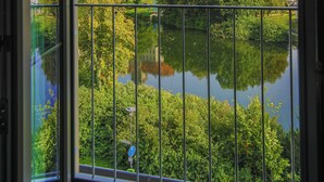 A view of a historic building complex with a river in the foreground, viewed from a balcony with a metal railing. - Karls Hotel (Sigmaringen)