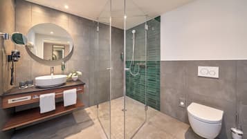Un baño moderno con ducha de vidrio, lavamanos con espejo e inodoro.