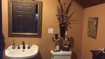 Combined shower/tub, hair dryer, towels, soap