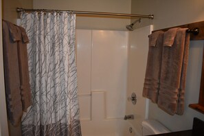 Combined shower/bathtub, hair dryer, towels, soap - Cozy Cabin with a Mountain View (Sedalia)