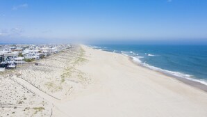 Una playa con una hilera de casas a lo largo de la orilla.