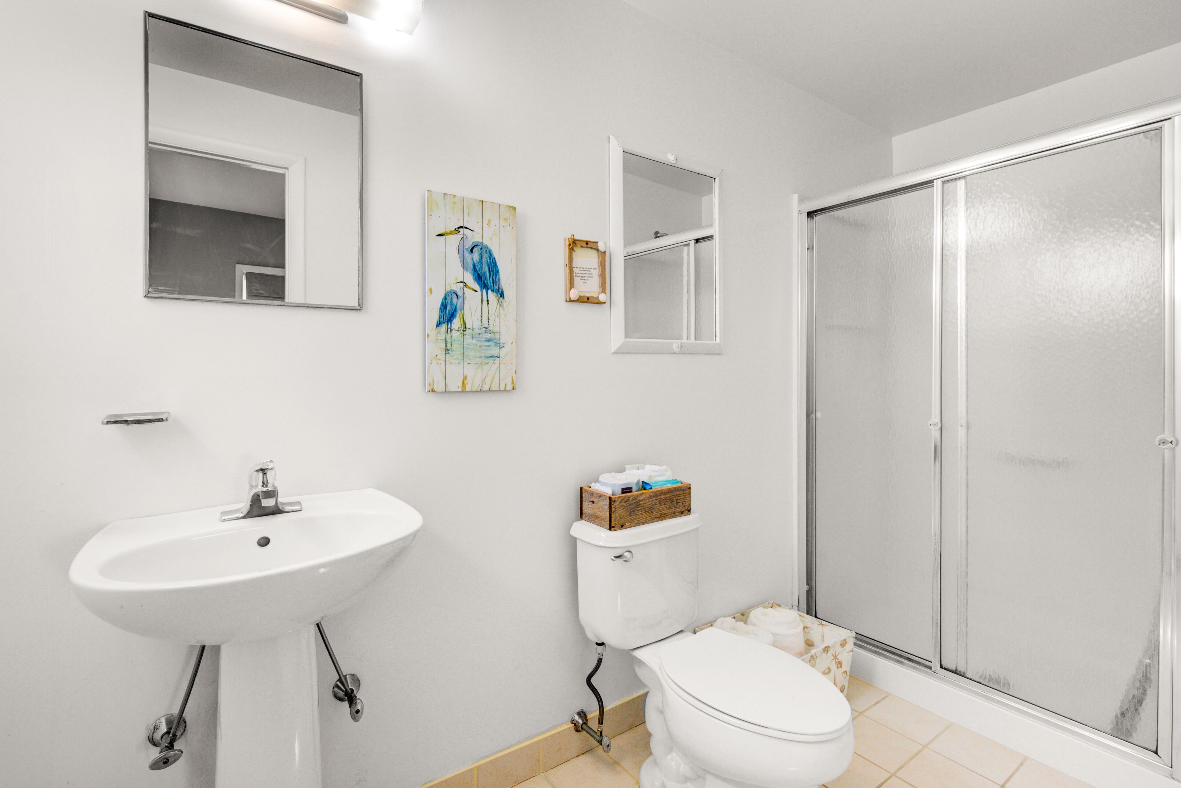 Un baño con lavamanos, inodoro y ducha blancos. Hay un espejo sobre el lavamanos y un cuadro en la pared.