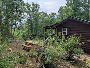 Un chalet rustique doté d’une terrasse en bois, entouré d’une forêt dense.