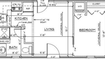 Un plan d’étage comprenant une cuisine, un espace de vie, une chambre et une salle de bain. Les dimensions de la cuisine sont de 6 pieds 3 pouces, de l’espace de vie de 11 pieds 5 pouces et de la chambre de 13 pieds 1 pouce.