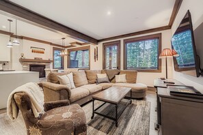 Fireplace, DVD player, table football, books