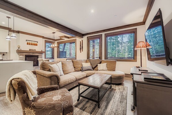 Fireplace, DVD player, table football, books