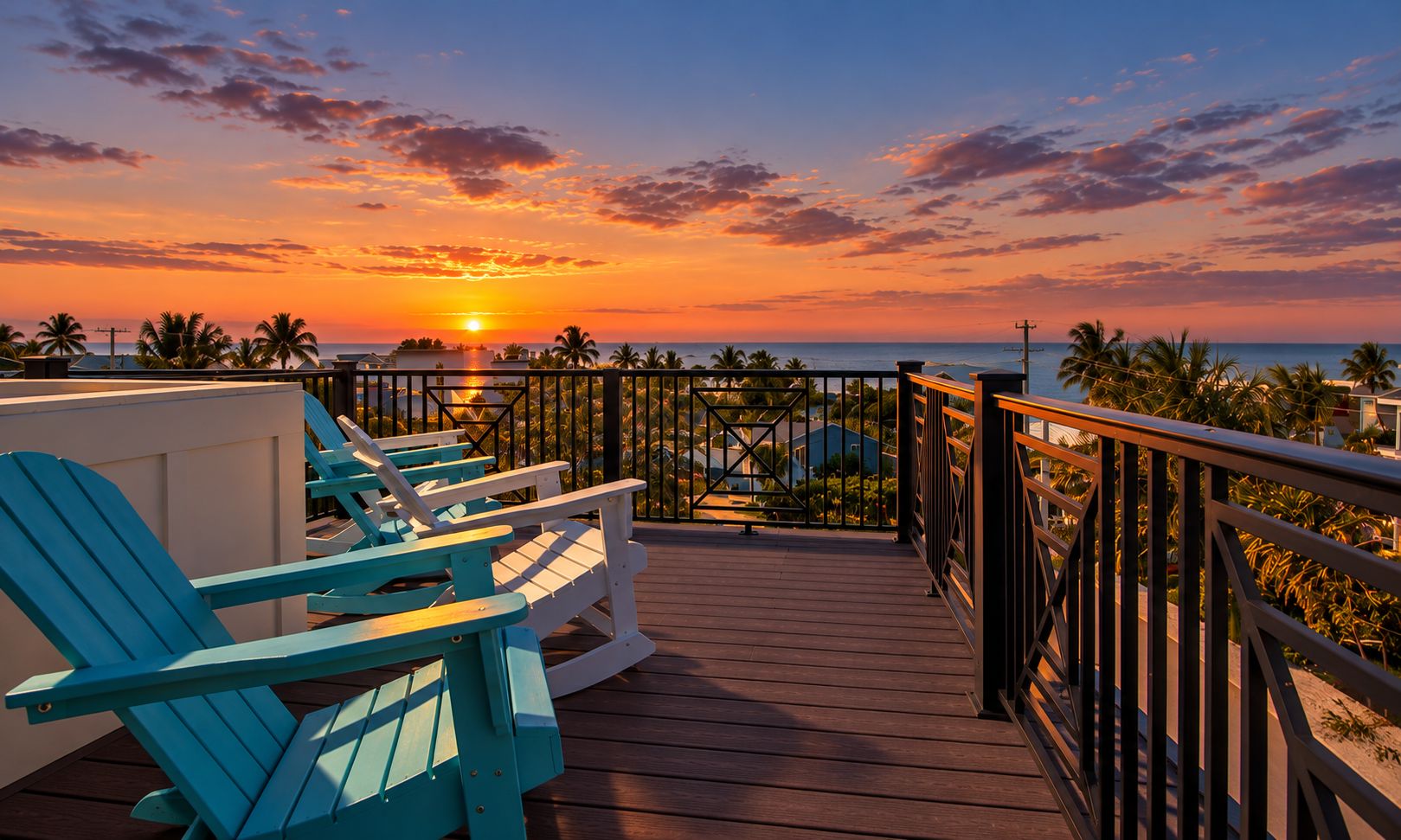 Eine Holzterrasse mit blauen Adirondack-Stühlen, einer Geländer und Blick auf den Sonnenuntergang über dem Meer.