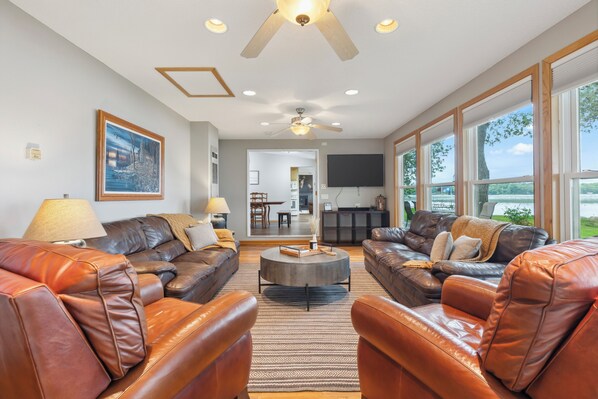 Smart TV, fireplace, books