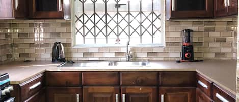 Fridge, oven, stovetop, electric kettle