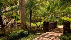 A garden with a pond, palm trees, and a stone pathway. - 1 BR Ocean Front at Marriott Kauai (Kauai)