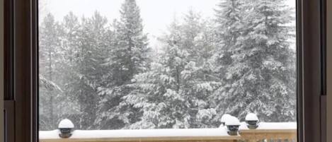 A view through a window with a wooden railing, snow-covered trees, and a clear sky.