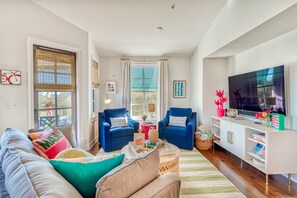 TV, DVD player, video library, stereo