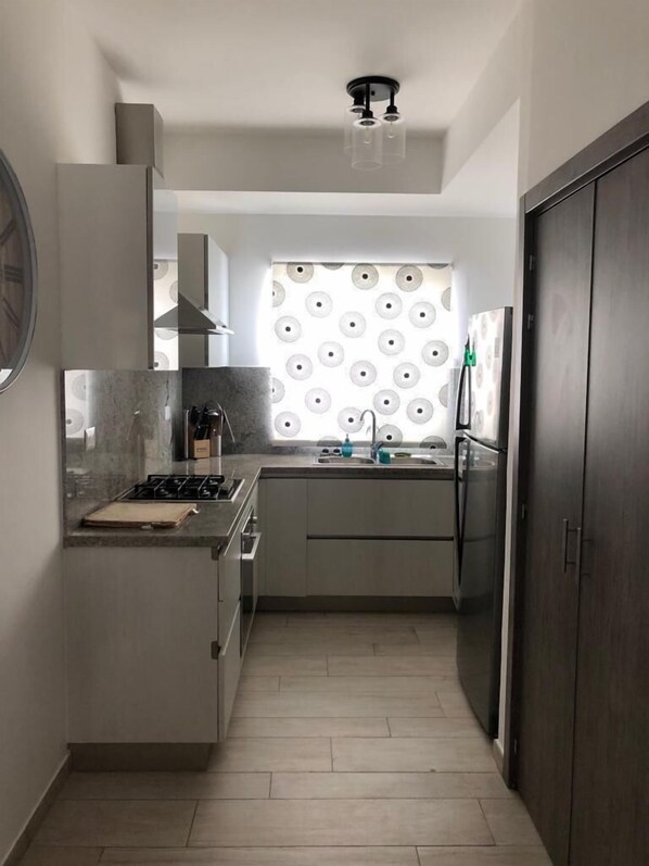 Cocina compacta con estufa a gas, lavaplatos y refrigerador.