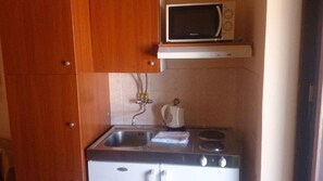 Fridge, microwave, stovetop, cookware/dishes/utensils