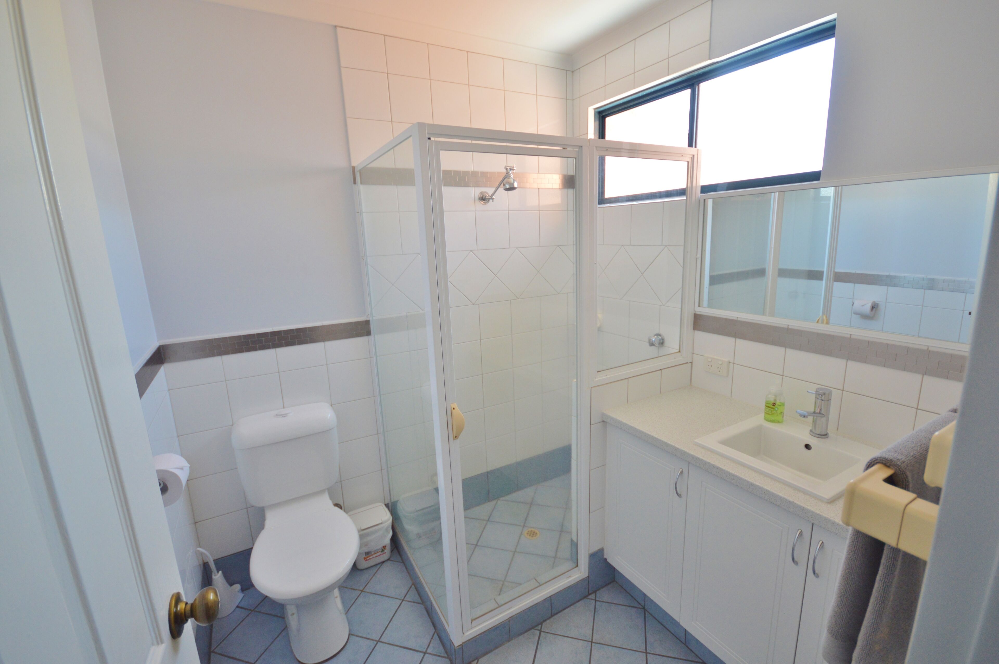 Een badkamer met toilet, een douche met glazen wand, een wastafel en een spiegel.