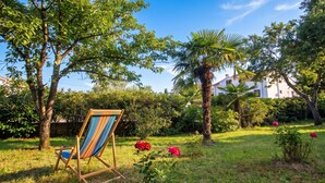 A garden with a wooden chair, a palm tree, and red flowers.