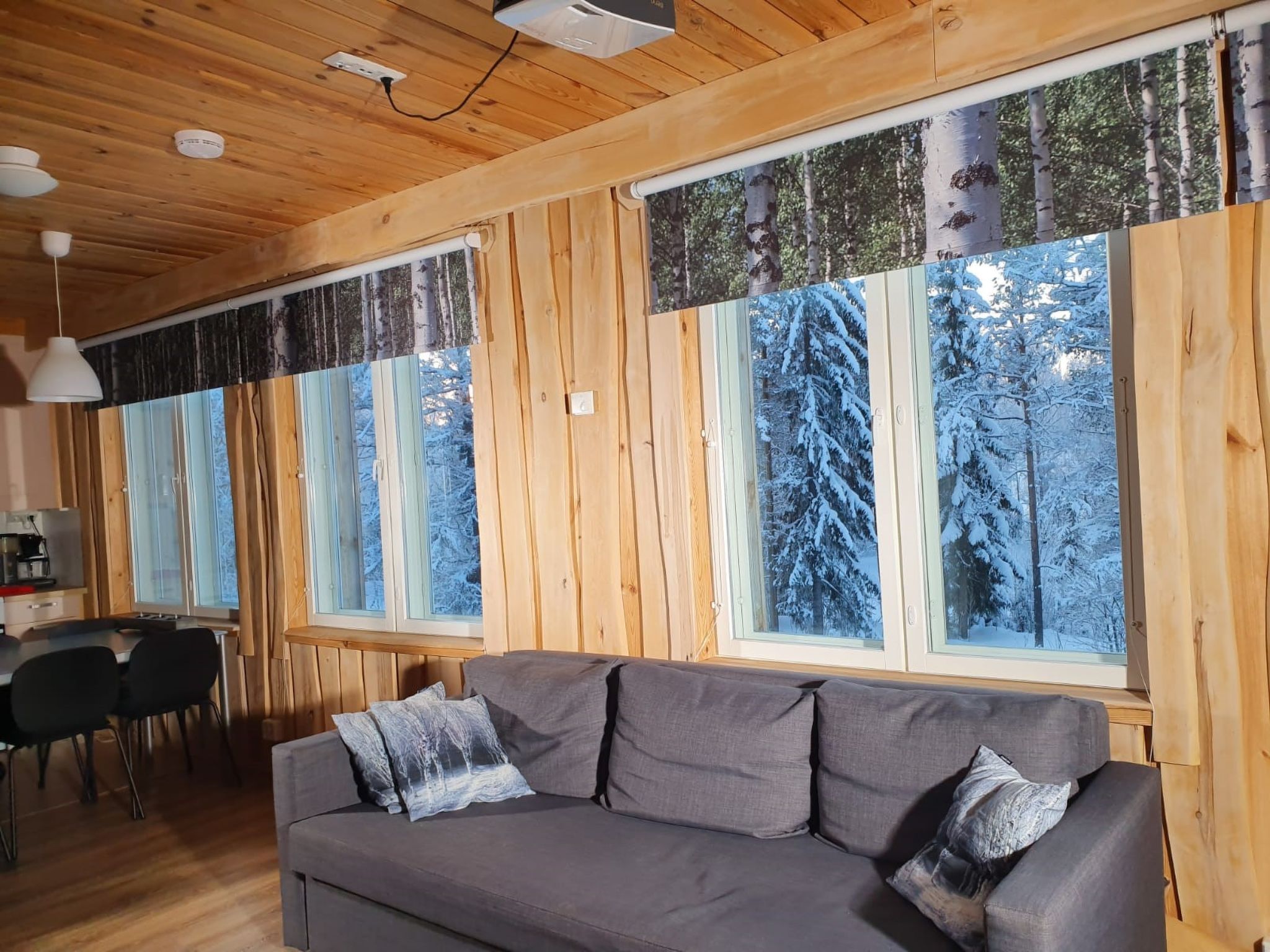 En stuga med träpanel i taket, en grå soffa med kuddar och stora fönster med utsikt över en snötäckt skog.