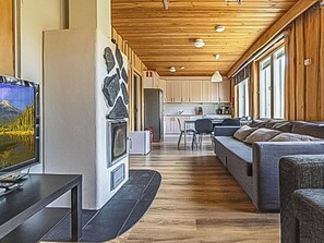 Un interior moderno con techo de madera, un sofá, un televisor y una zona de cocina.