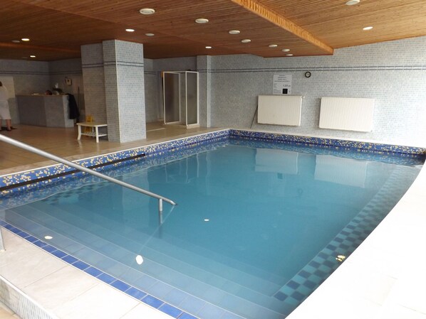 Una piscina interior con borde de azulejos, techo de madera y pared revestida con un cartel de altura.