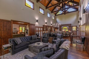 TV, fireplace, table football, books