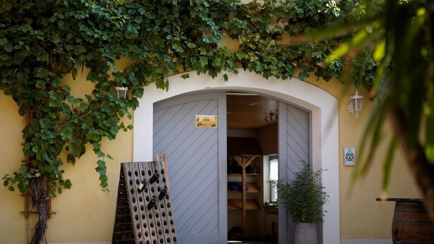 L’entrée d’un bâtiment, avec une enseigne indiquant la présence d’une cave à vin, un présentoir à bouteilles en bois et une plante en pot.
