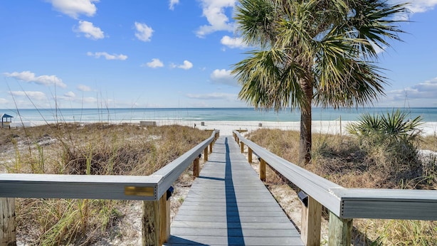 A wooden boardwalk leading to a beach with a palm tree and sandy dunes. - Beachfront, ground-level condo in a gated resort with a pool, beach access, and Free Activities! (Panama City Beach)