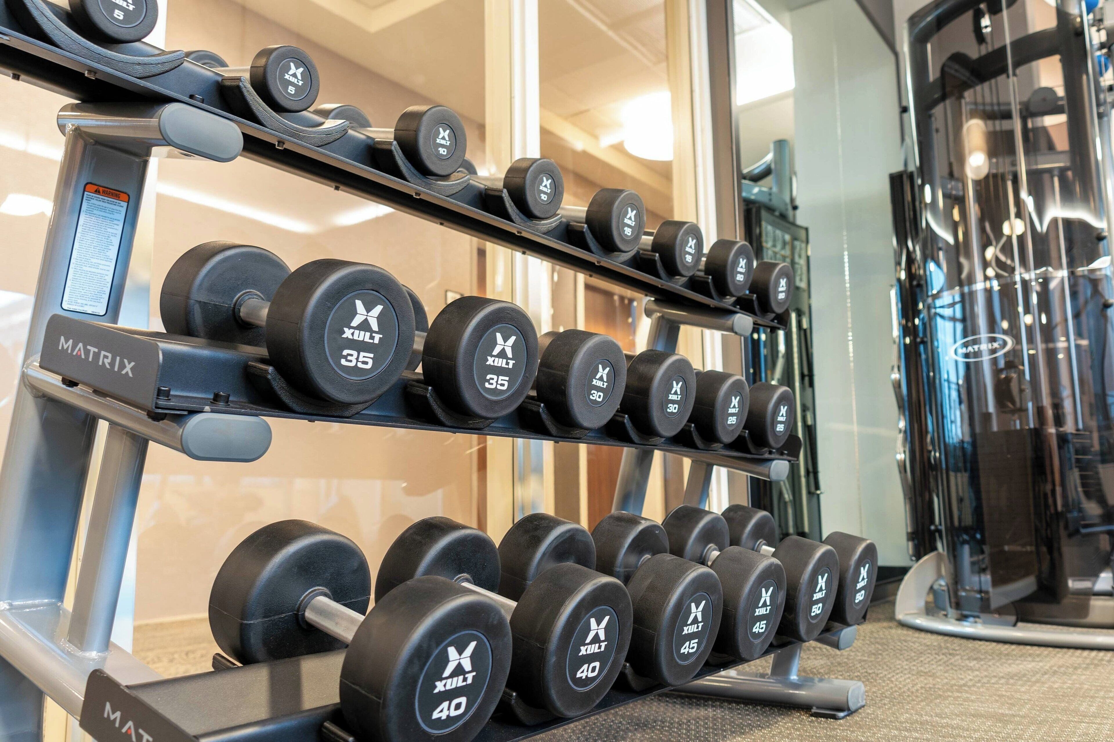 A weightlifting rack with various dumbbells labeled with weights.