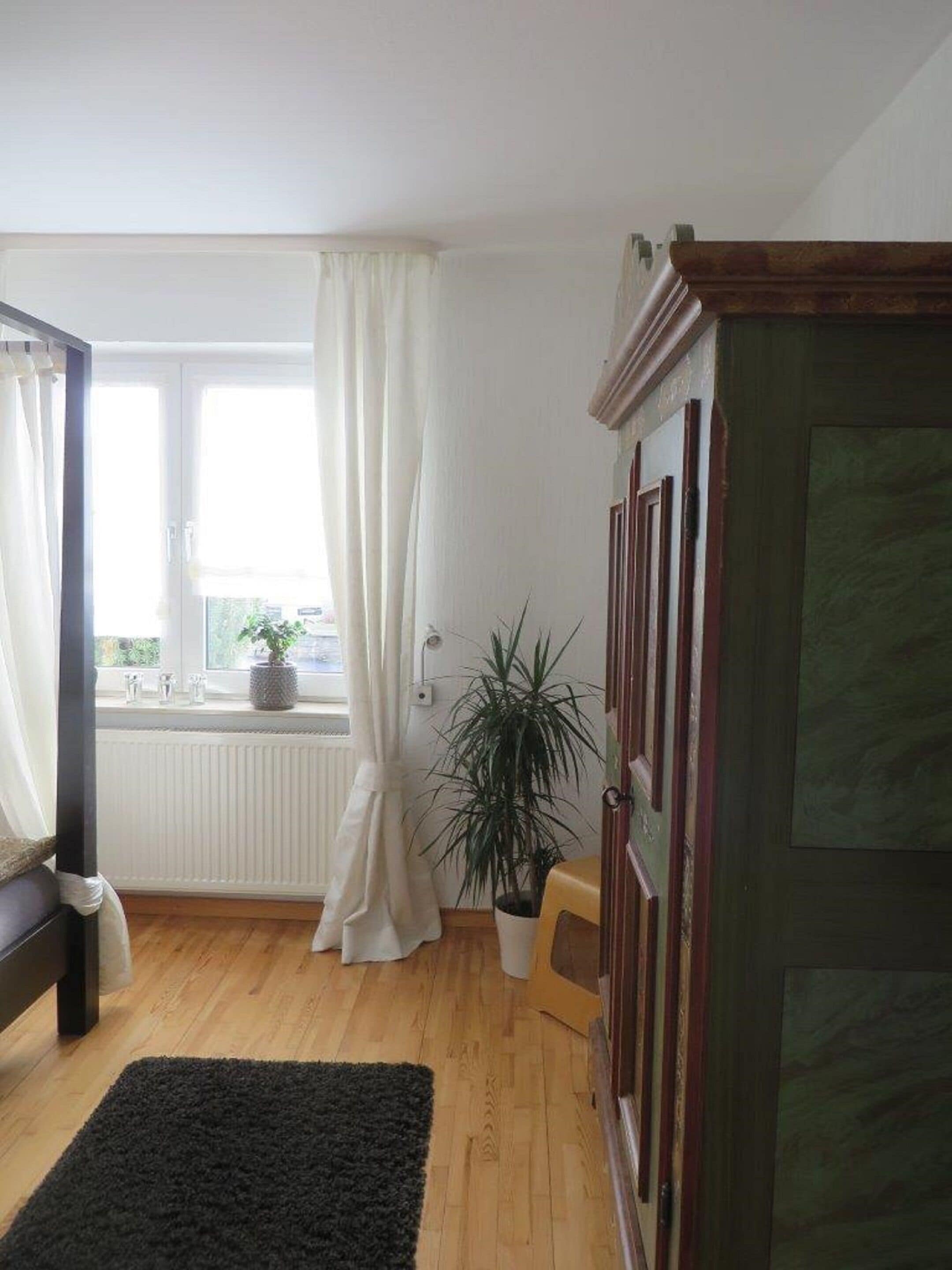 Una habitación con piso de madera, alfombra negra, ventana con cortinas blancas, radiador, planta en maceta y un mueble de madera.
