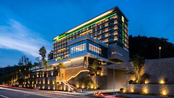 Experience the comfort of a modern hotel with a flat roof and glass facade, featuring a convenient entrance and a beautifully landscaped garden.