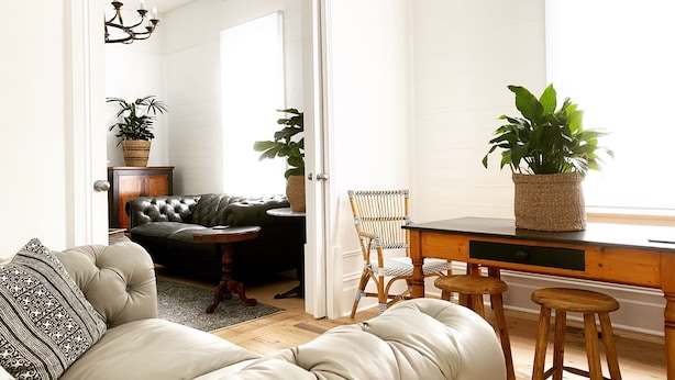 A living room with a sofa, a chair, a table, and two stools. There are two potted plants on the table and chair. - Castlebar - Superior Boutique Accomodation - Steps to Pakington Street (Geelong West)