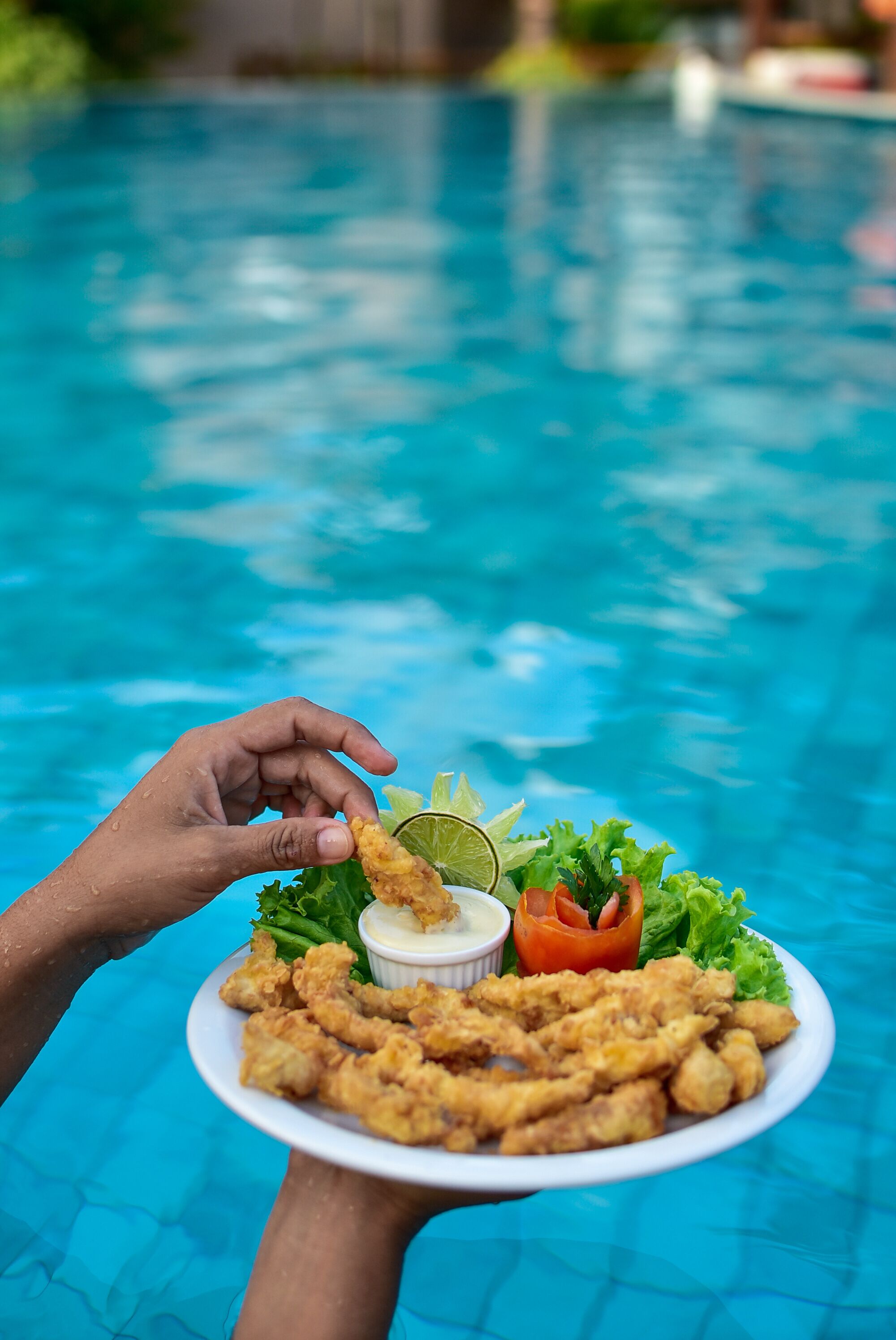 Un plato de comida frita con salsa para mojar, adornado con lechuga y una rodaja de tomate, sostenido sobre una piscina.