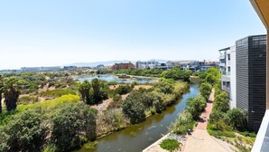 Un río serpentea por una zona ajardinada con edificios al fondo.
