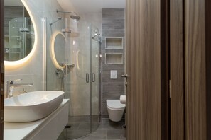 Shower, towels, toilet paper