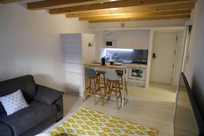 Un espace de vie compact comprenant un coin cuisine, un canapé et un tapis à motifs.