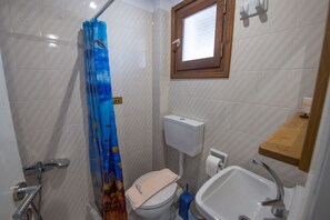 A small bathroom with a toilet, shower, and sink. - Villa Spyridoula Studio 13 on the Beach (Corfu)