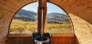 Ein Holzinnenraum mit einem großen Bogenfenster mit Blick auf einen Weinberg.