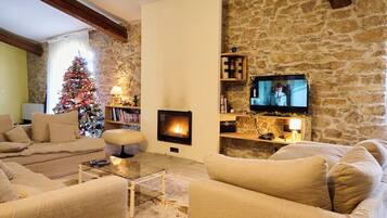 Un salon chaleureux avec une cheminée, un téléviseur et un sapin de Noël.